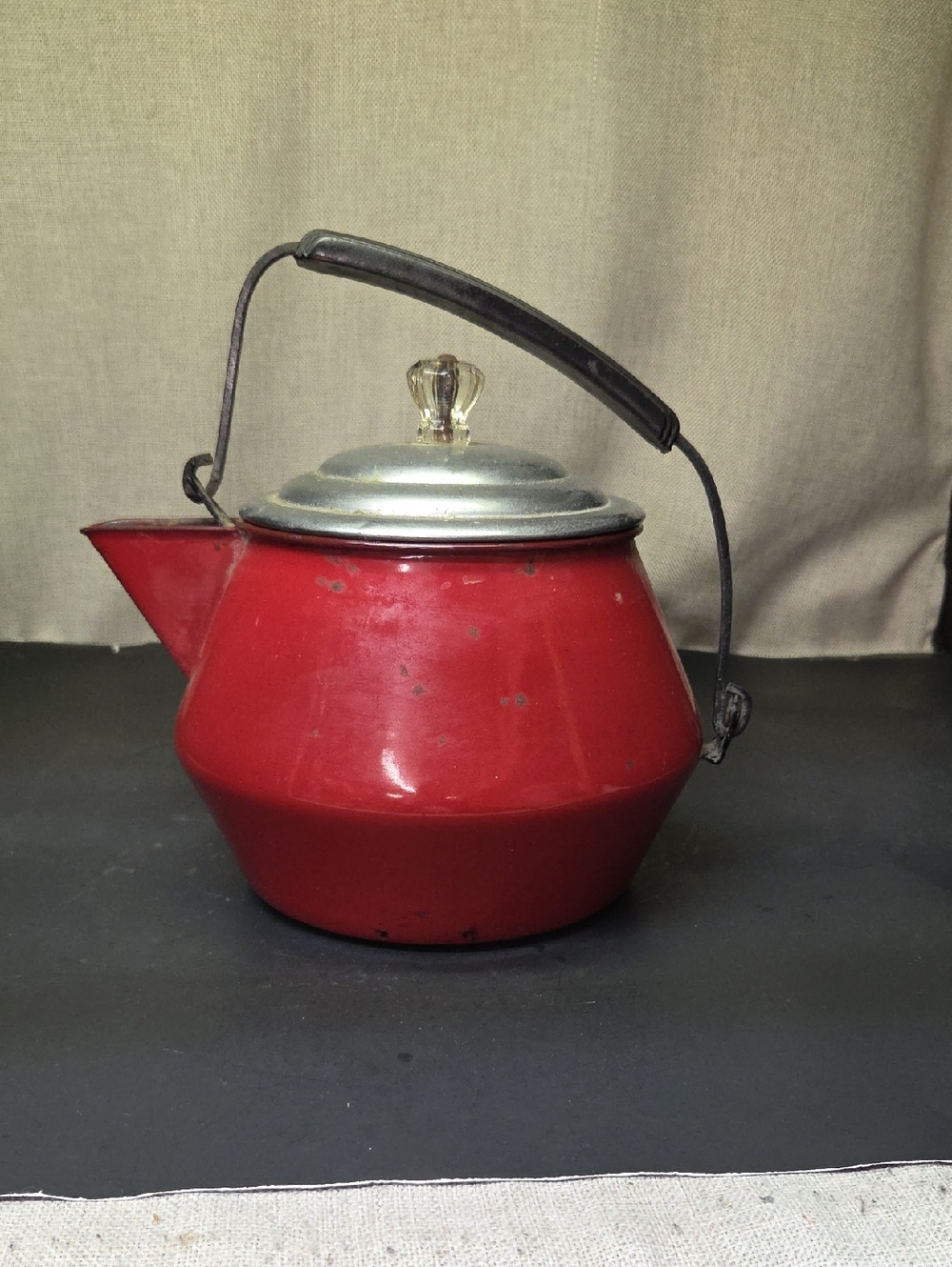 Vintage Red Art Deco Enamel Tea Kettle Pot Retro Teapot With Handle‎